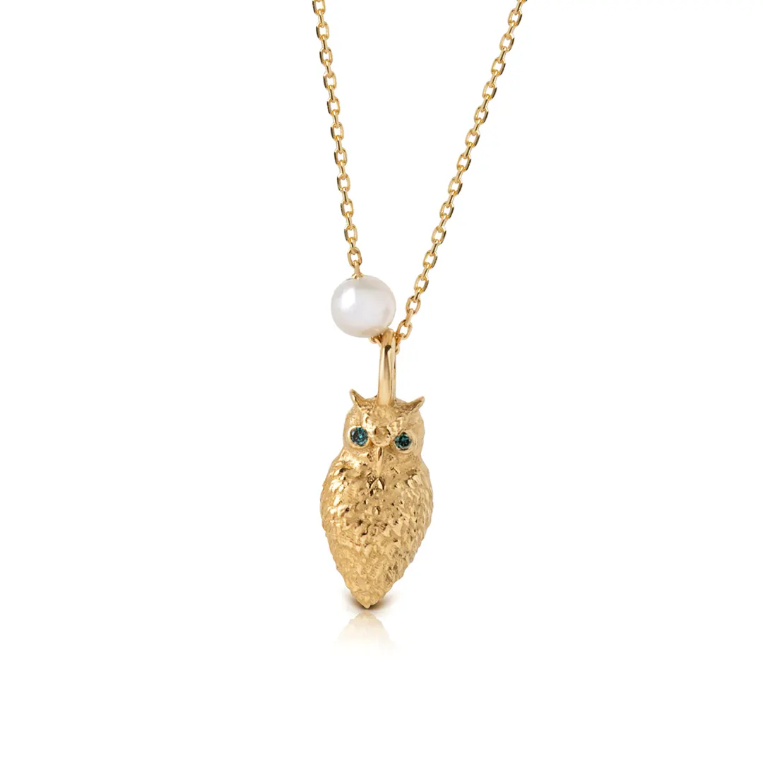 14K Gold Mini Owl Necklace with blue diamonds and a tiny pearl - Image 2