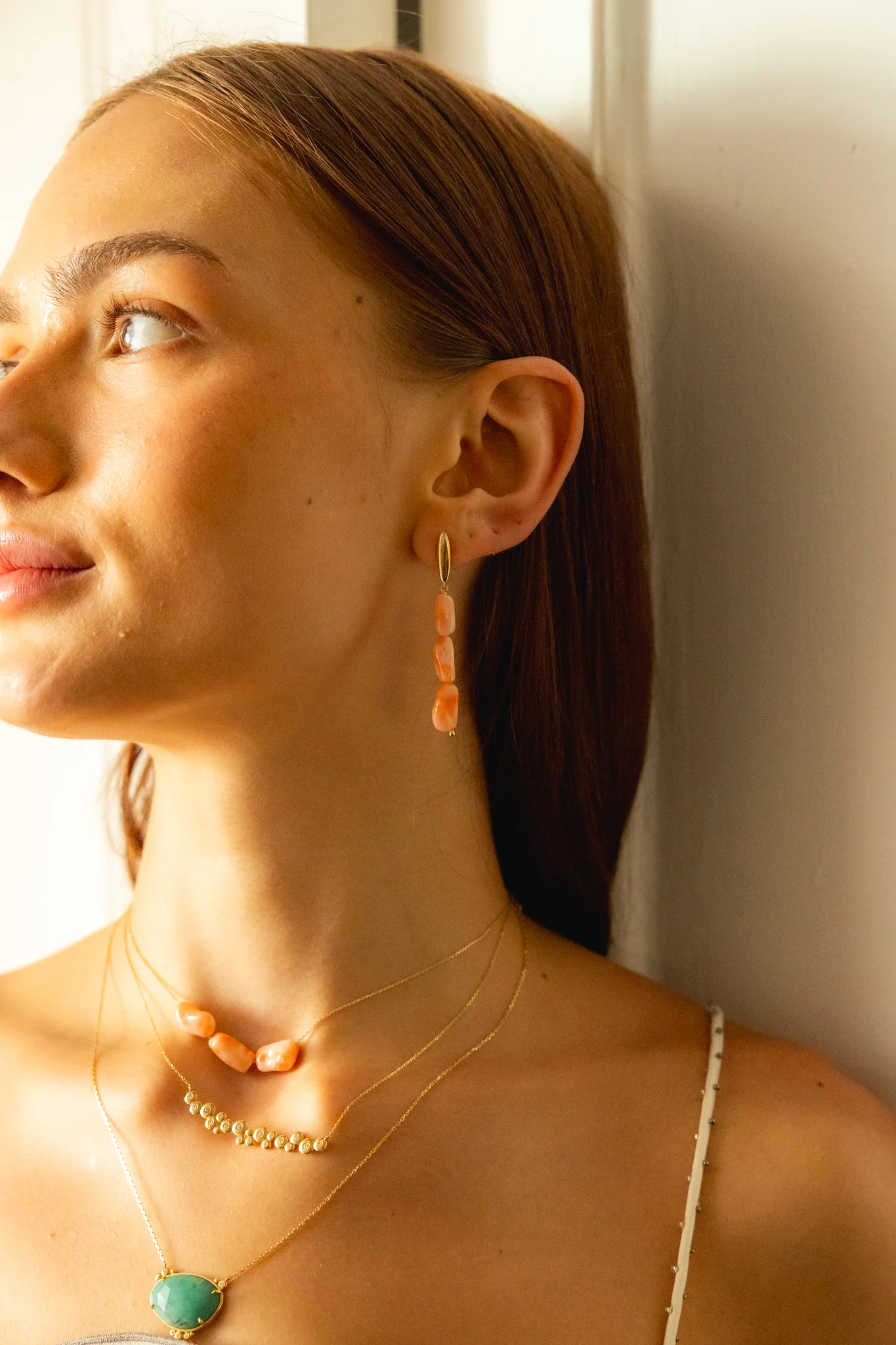14K Gold Natural Coral Long Earrings - Image 3