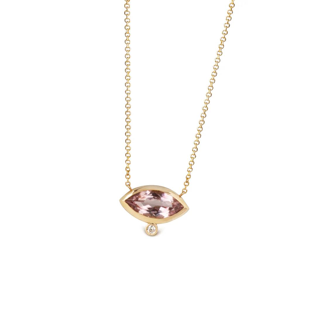 14K Gold Navette Shaped Pink Tourmaline and Diamond Necklace - Image 2