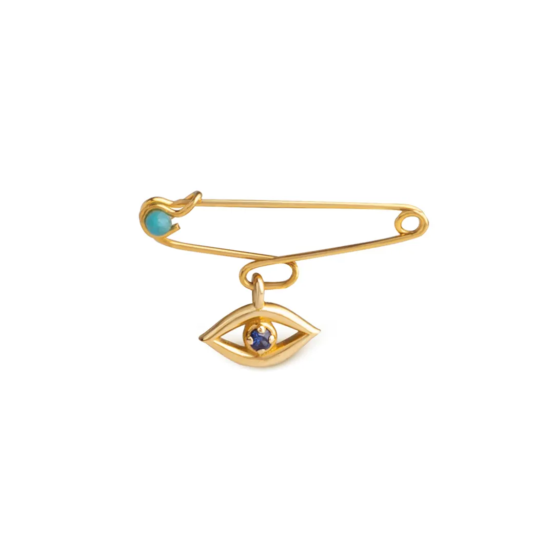 14K Gold Navette Tiny Eye Safety Pin Necklace with Sapphire