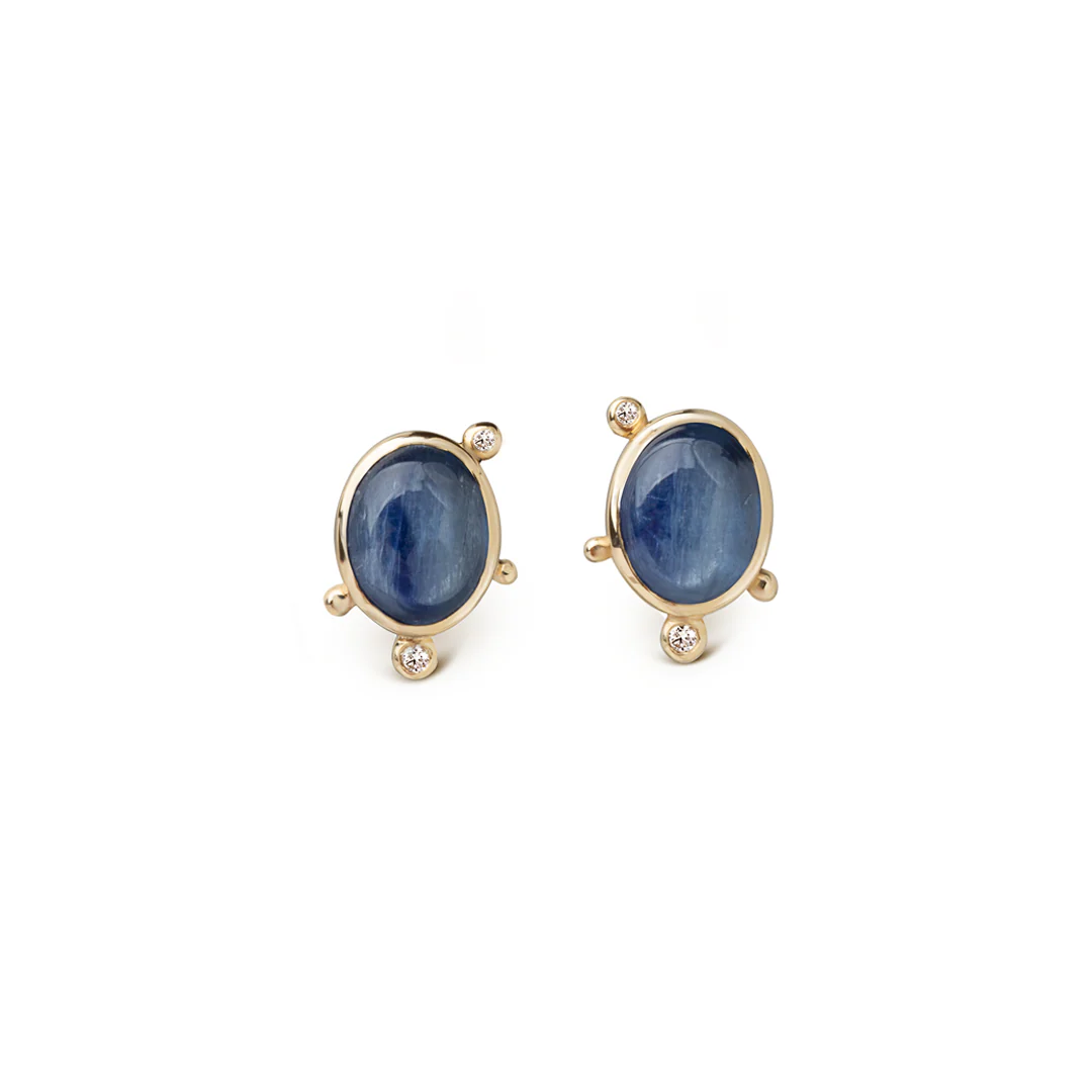 14K Gold Oval Kyanite Earrings with Diamonds