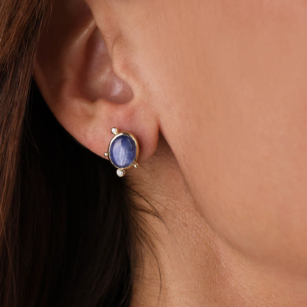 14K Gold Oval Kyanite Earrings with Diamonds - Image 4