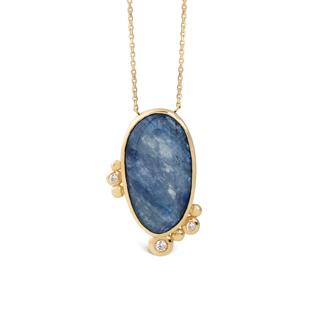 14K Gold Oval Kyanite Necklace with 3 Diamonds