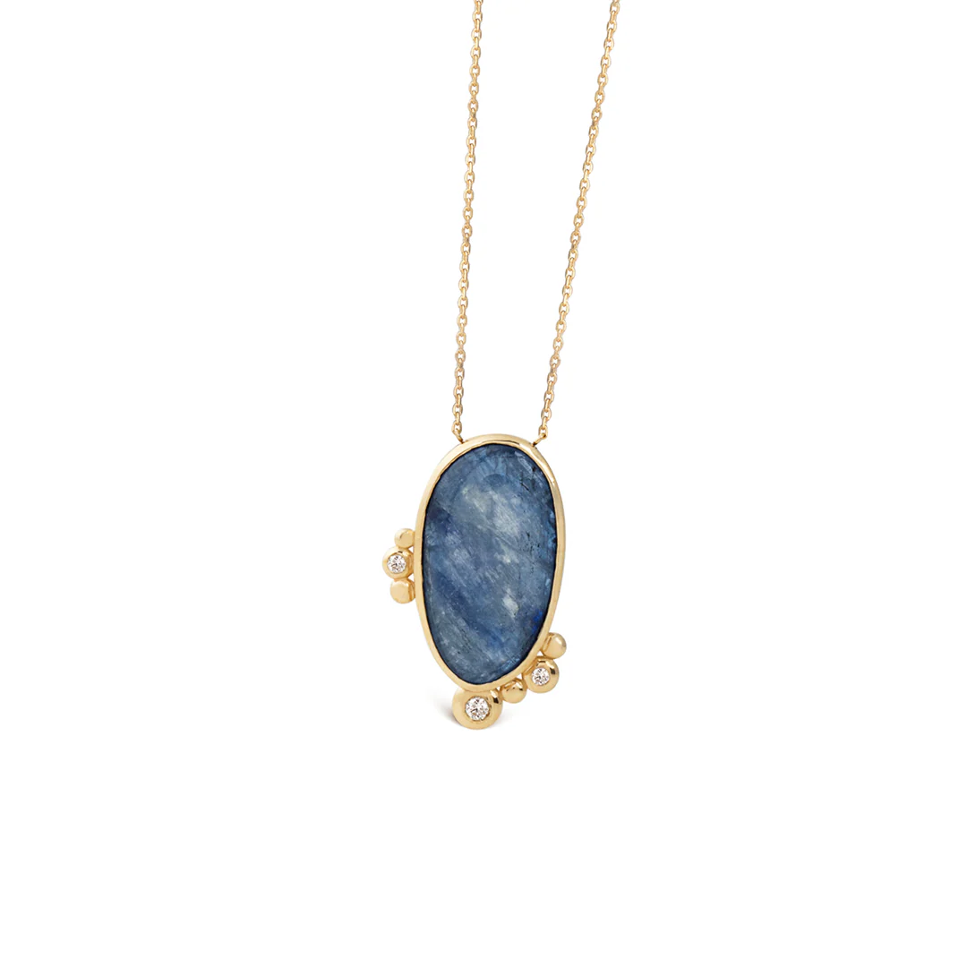 14K Gold Oval Kyanite Necklace with 3 Diamonds - Image 2