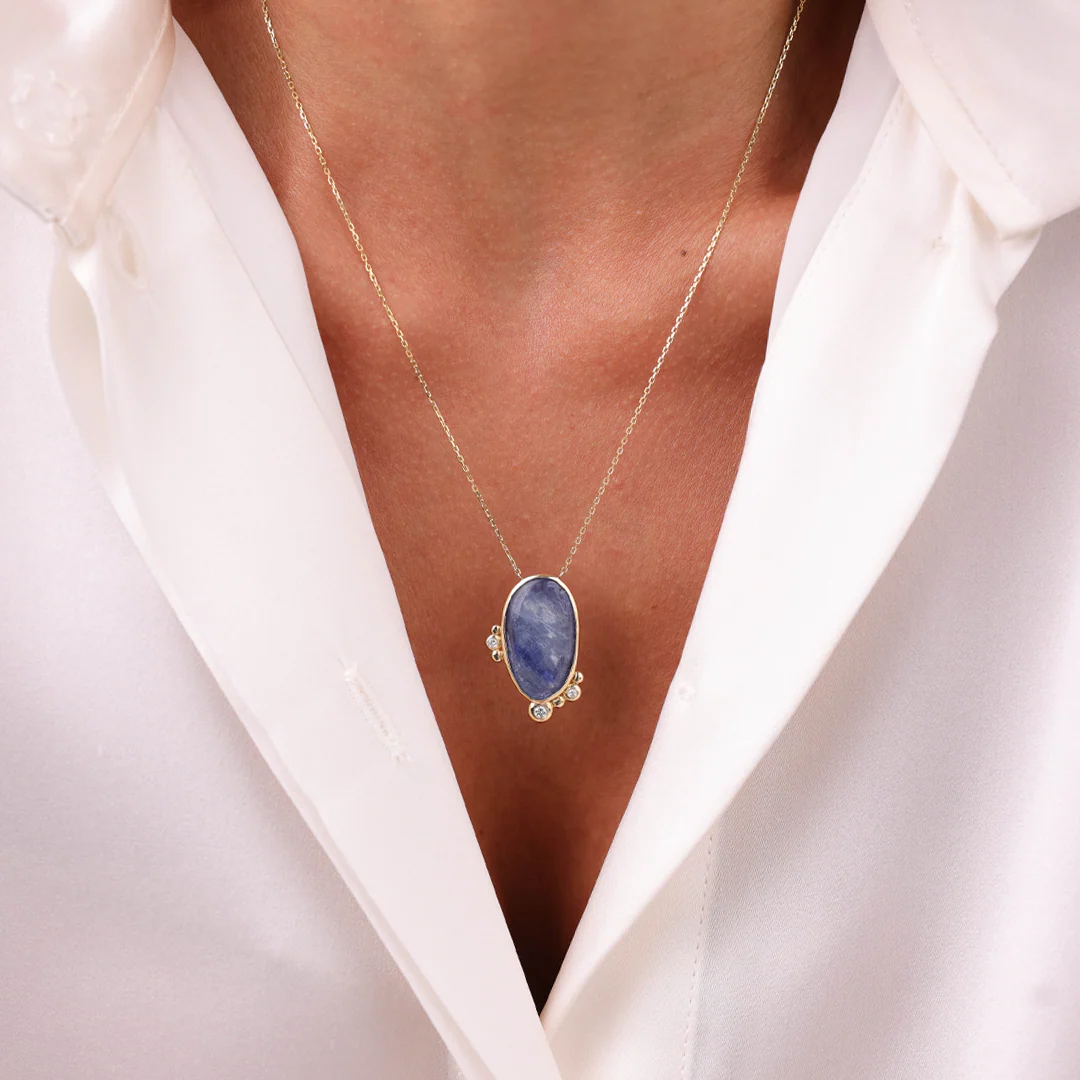 14K Gold Oval Kyanite Necklace with 3 Diamonds - Image 3