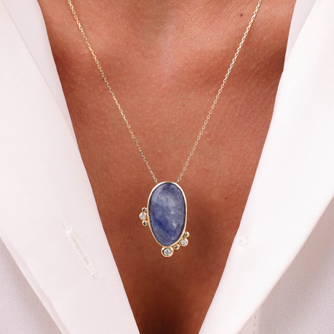 14K Gold Oval Kyanite Necklace with 3 Diamonds - Image 4