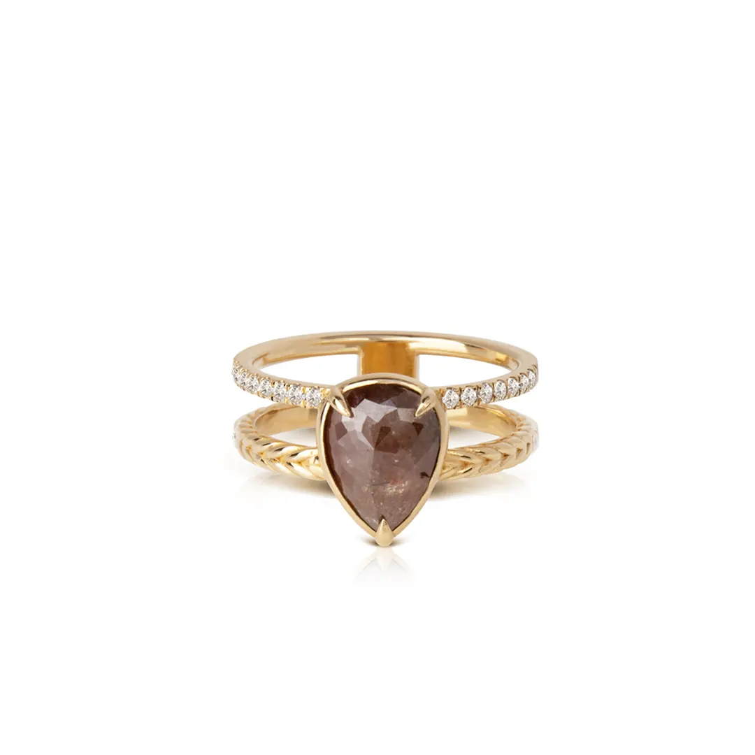 14K Gold Pear Rosecut Diamond Ring with double band and diamonds
