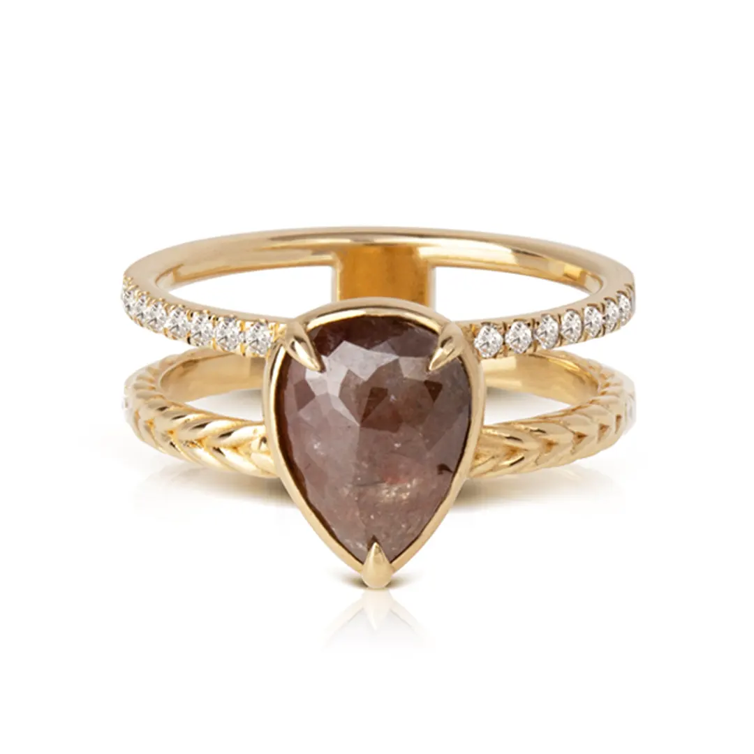 14K Gold Pear Rosecut Diamond Ring with double band and diamonds - Image 2