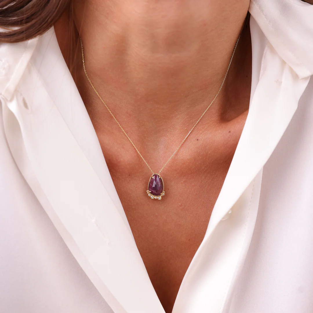 14K Gold Pear Ruby Necklace with 5 diamonds - Image 3