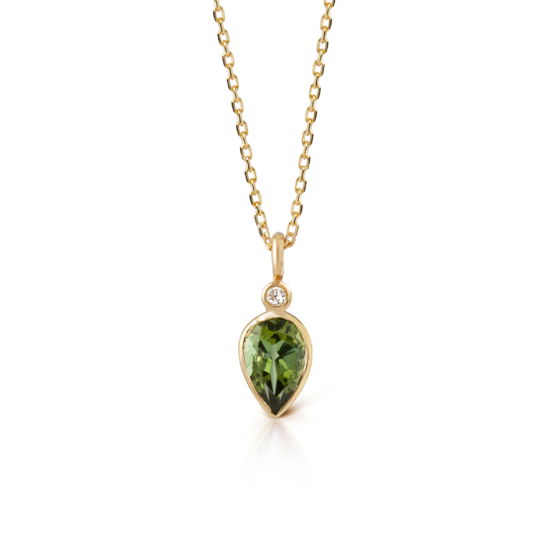 14K Gold Pear Shaped Light Green Tourmaline and Diamond Necklace