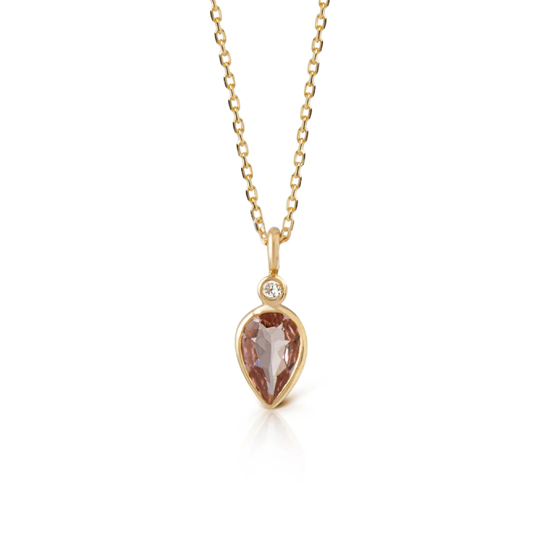 14K Gold Pear Shaped Pink Tourmaline and Diamond Necklace
