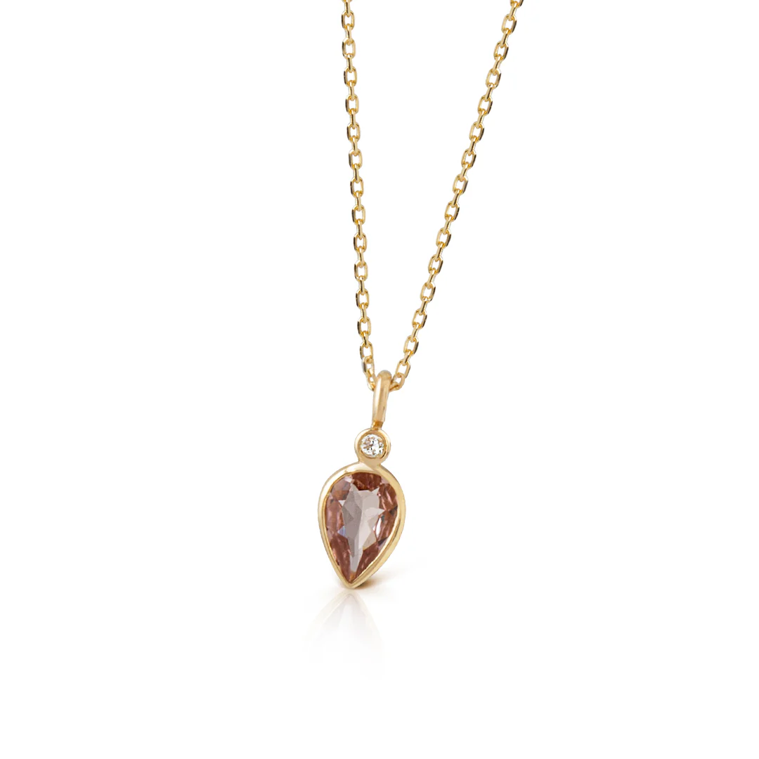 14K Gold Pear Shaped Pink Tourmaline and Diamond Necklace - Image 2