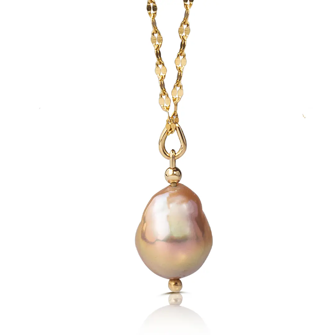 14K Gold, Pink Pearl Drop Necklace
