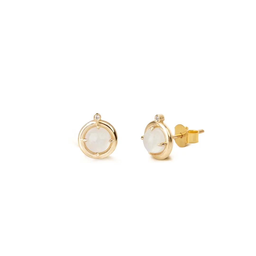 14K Gold Rainbow Moonstone Earrings with Diamond - Image 3