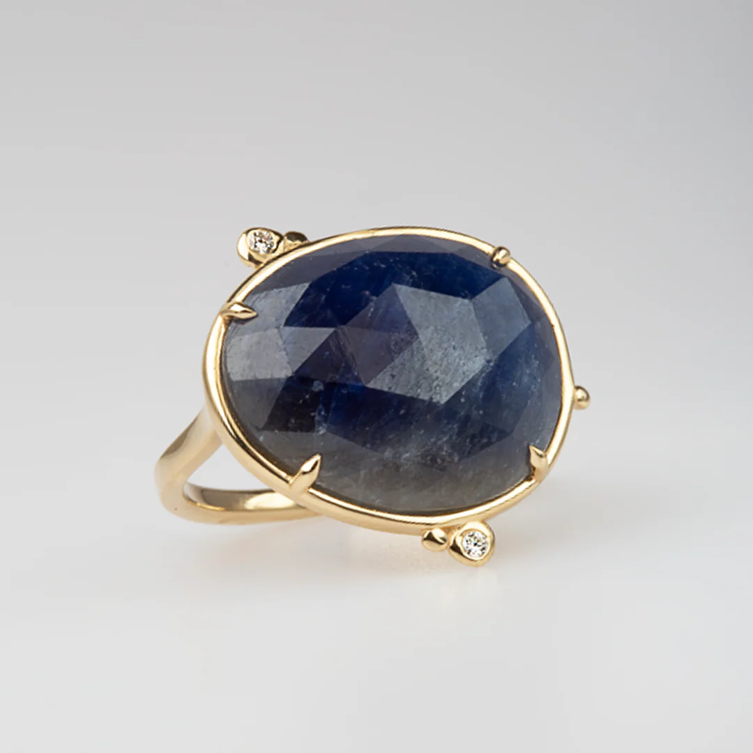 14K Gold Rose Cut Sapphire Ring with 2 Diamonds - Image 4