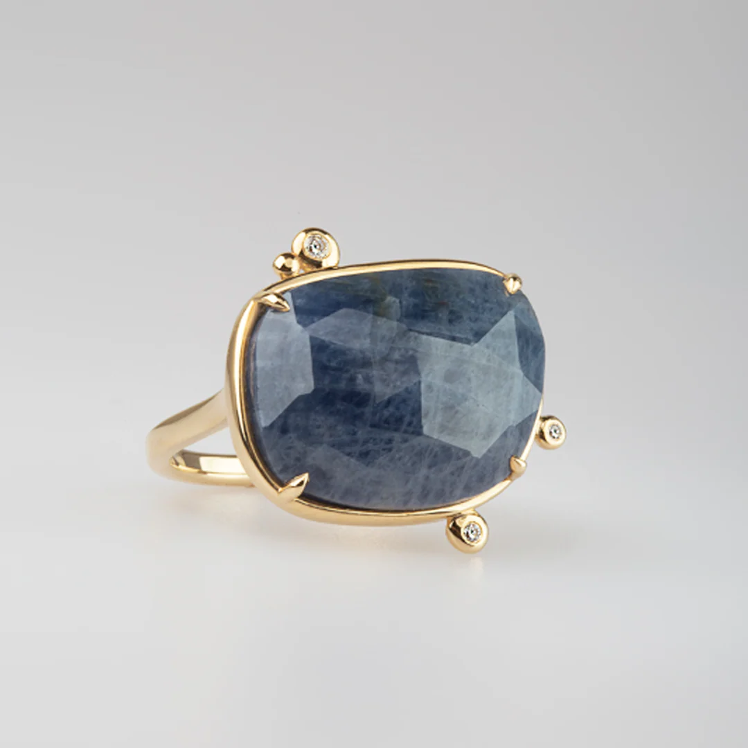14K Gold Rose Cut Sapphire Ring with 3 Diamonds - Image 4