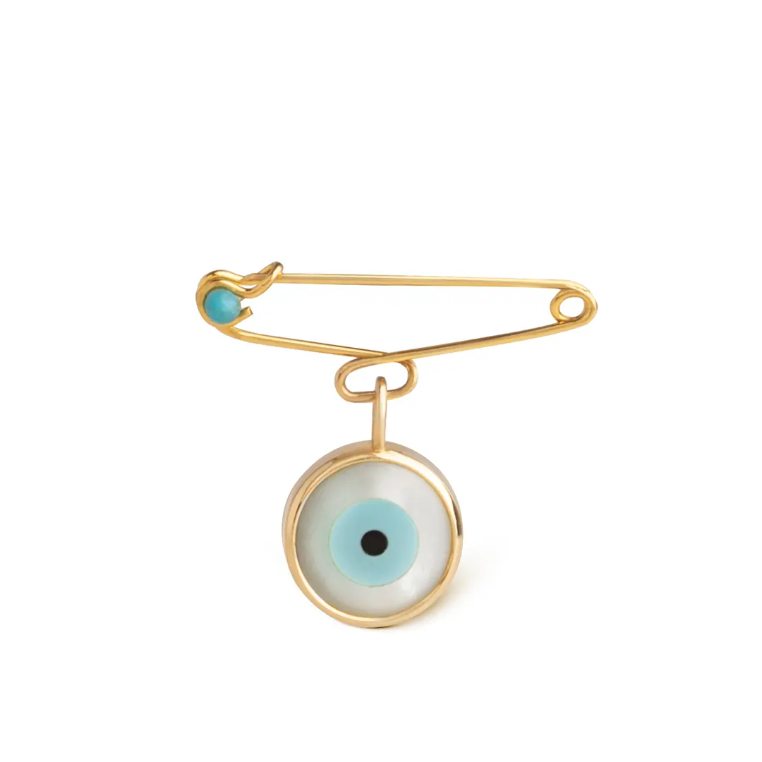 14K Gold Round Eye Safety Pin Necklace