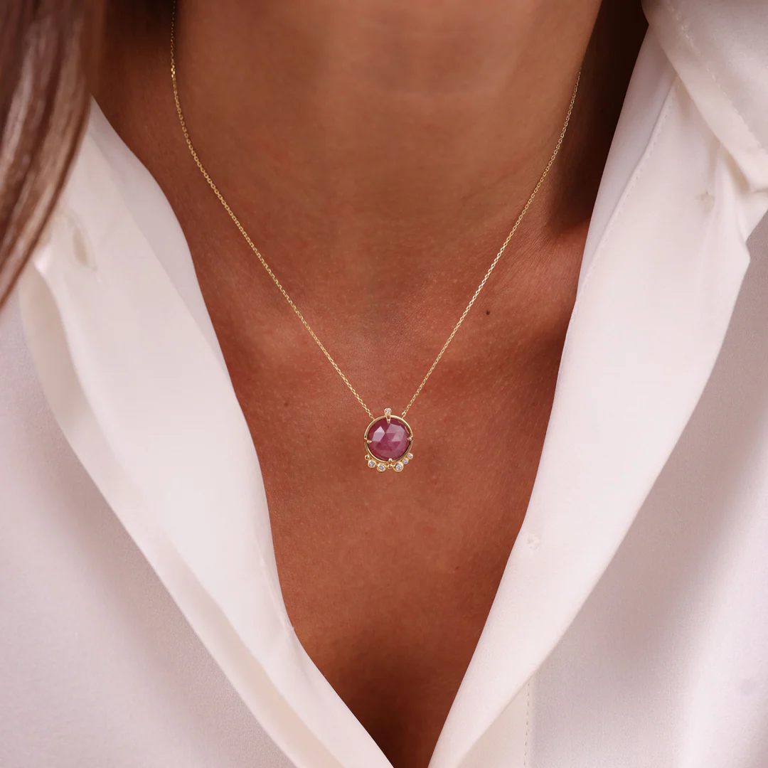 14K Gold Round Ruby Necklace with 6 diamonds - Image 3