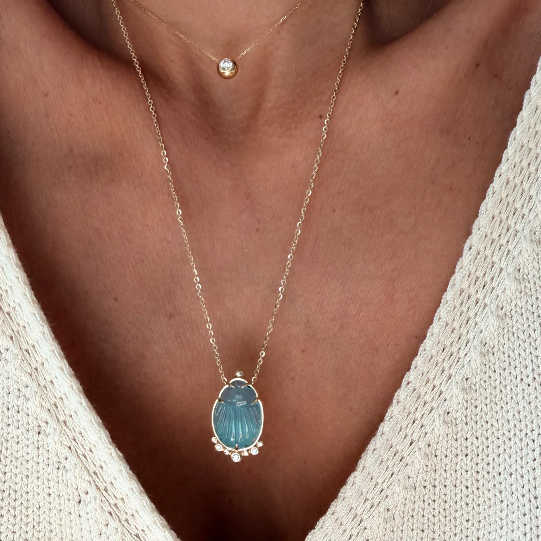 14K Gold Scarab Aquamarine Pendant Necklace with Diamonds - Image 4