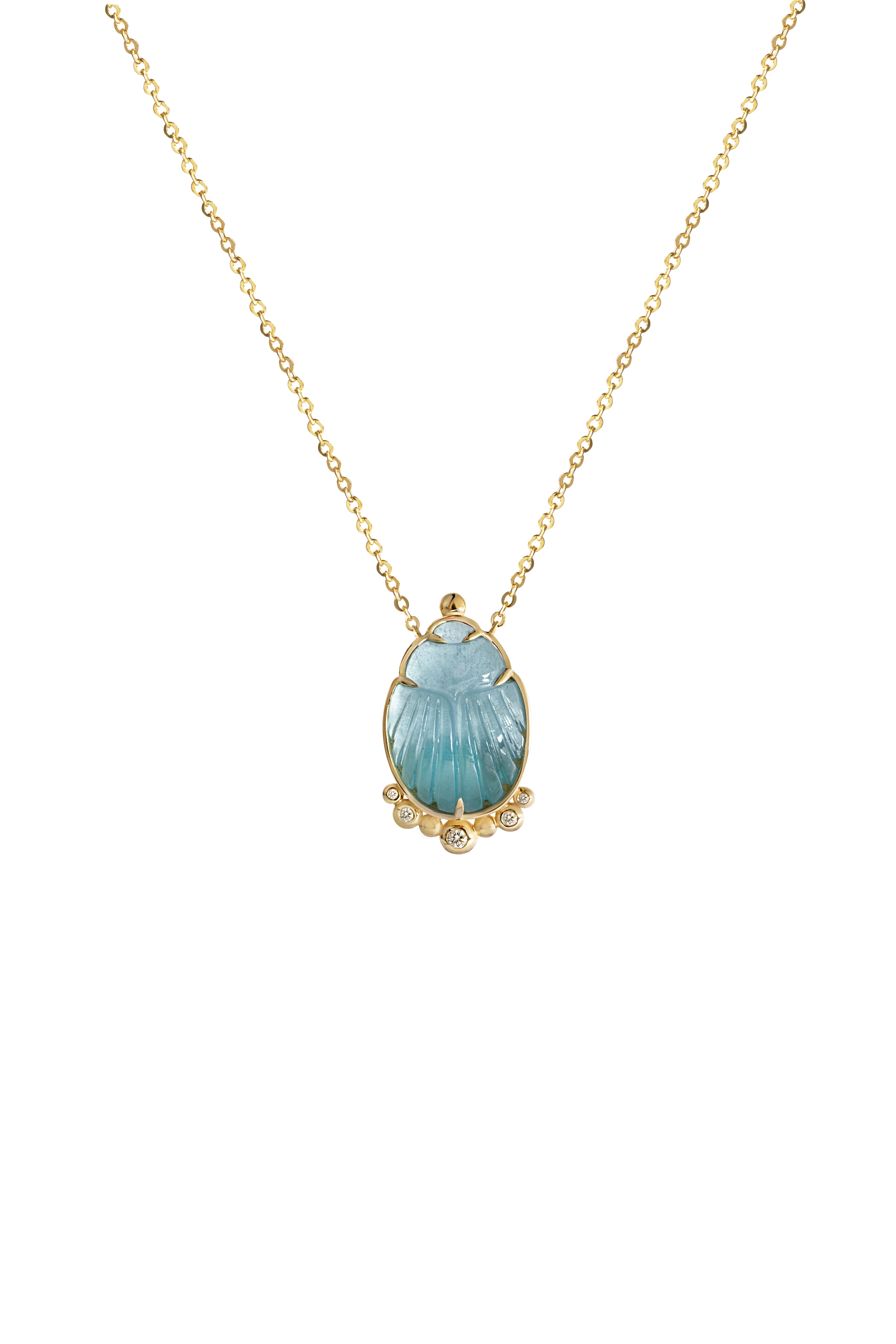 14K Gold Scarab Aquamarine Pendant Necklace with Diamonds - Image 6