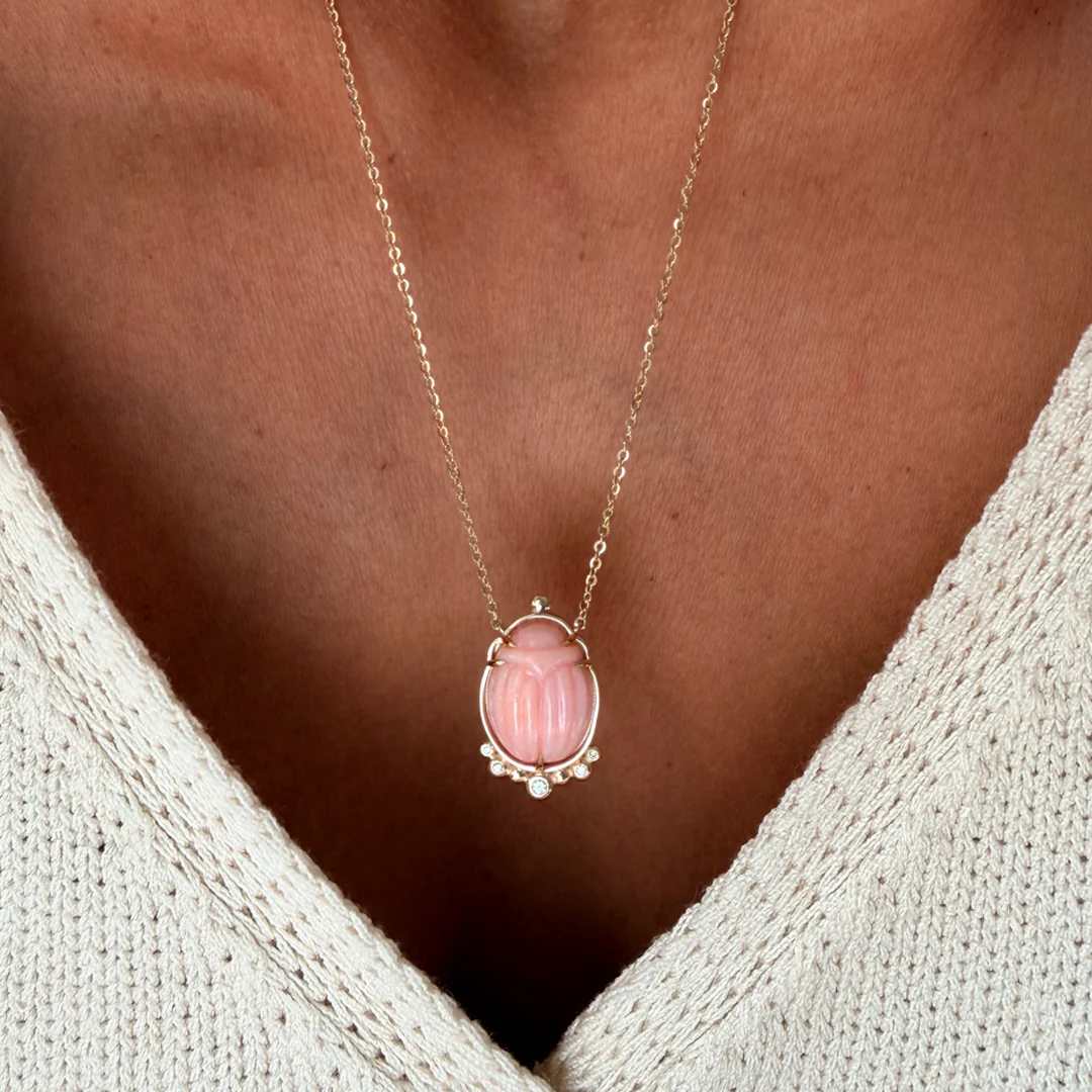 14K Gold Scarab Pink Opal Pendant Necklace with Diamonds - Image 2