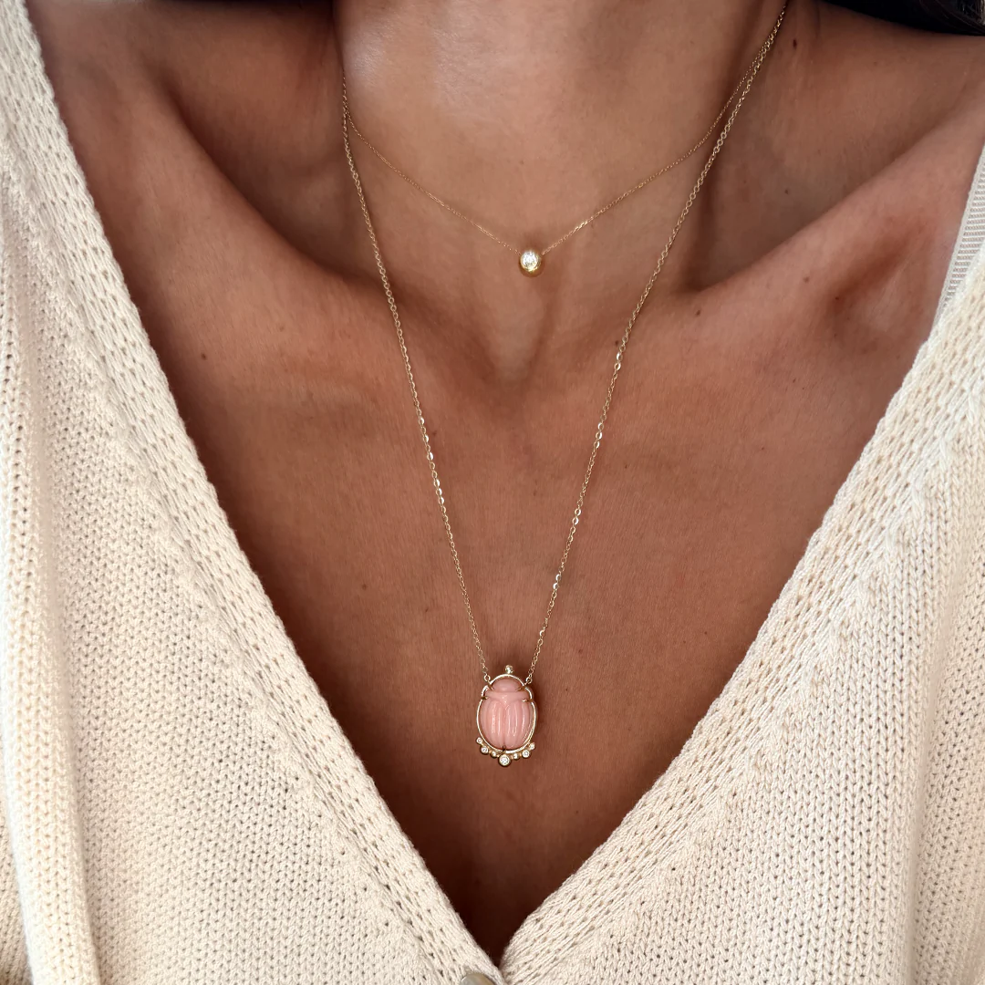 14K Gold Scarab Pink Opal Pendant Necklace with Diamonds - Image 4