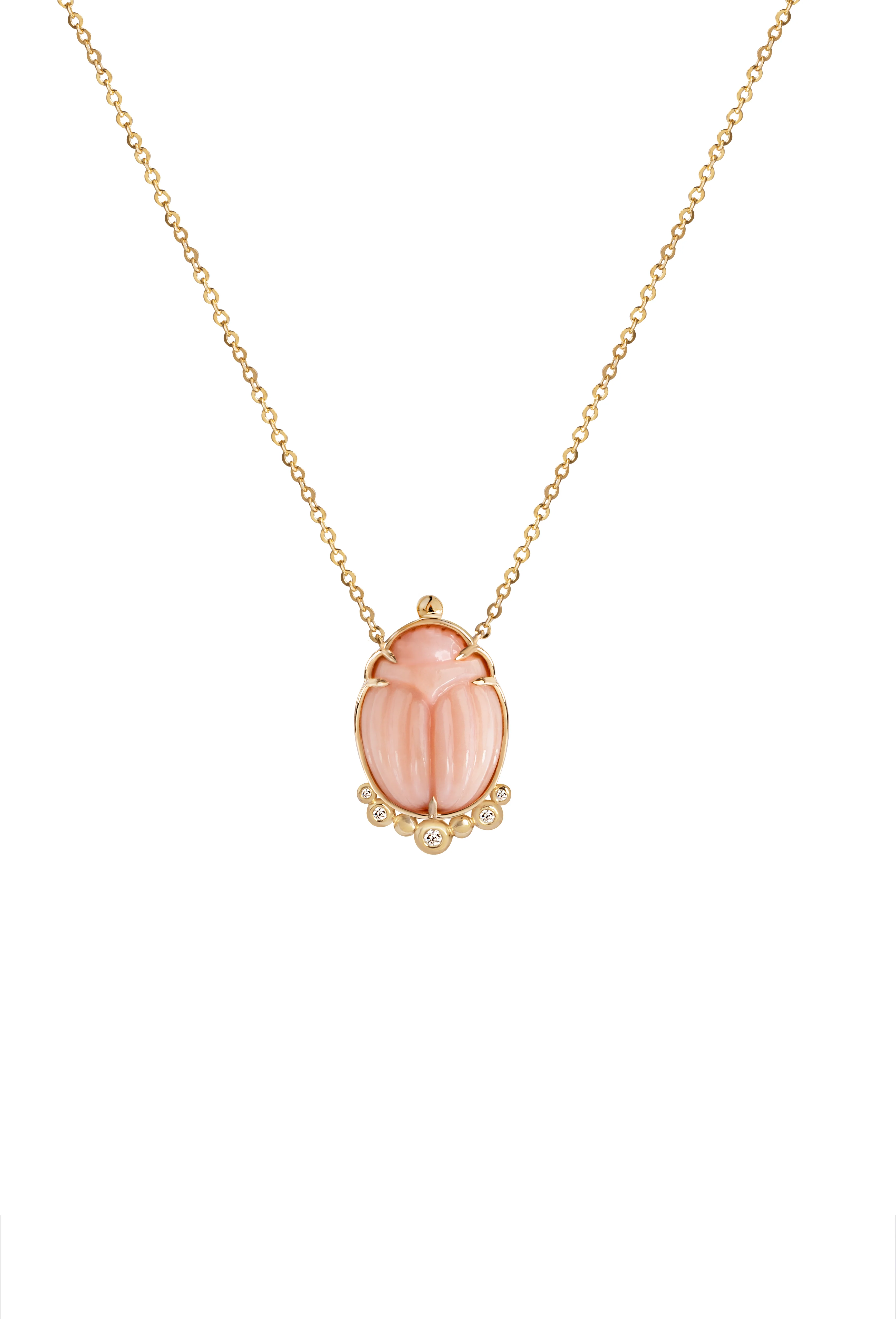 14K Gold Scarab Pink Opal Pendant Necklace with Diamonds - Image 5