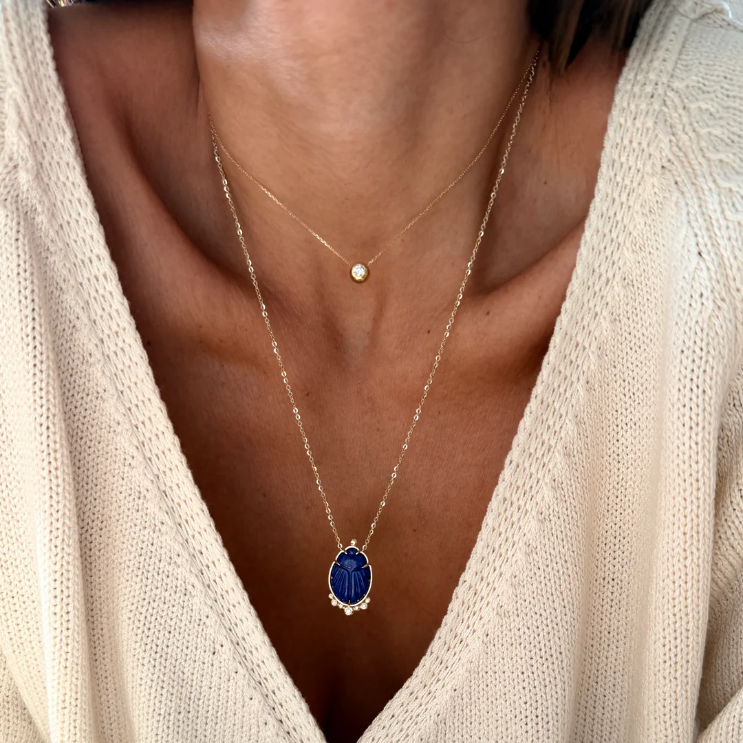 14K Gold Scarab Lapis Lazuli Pendant Necklace with Diamonds - Image 4