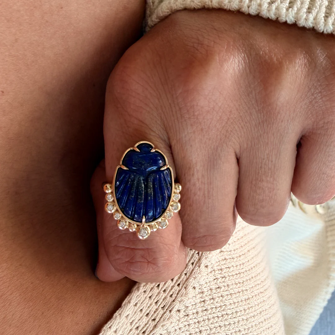 14K Gold Scarab Lapis Lazuli Ring with Diamonds - Image 2