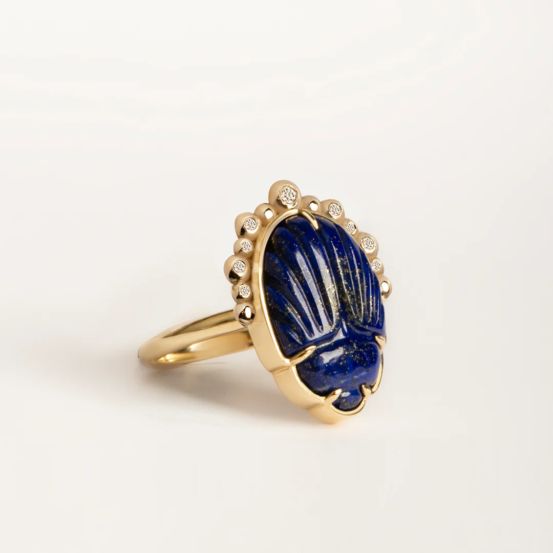 14K Gold Scarab Lapis Lazuli Ring with Diamonds - Image 3