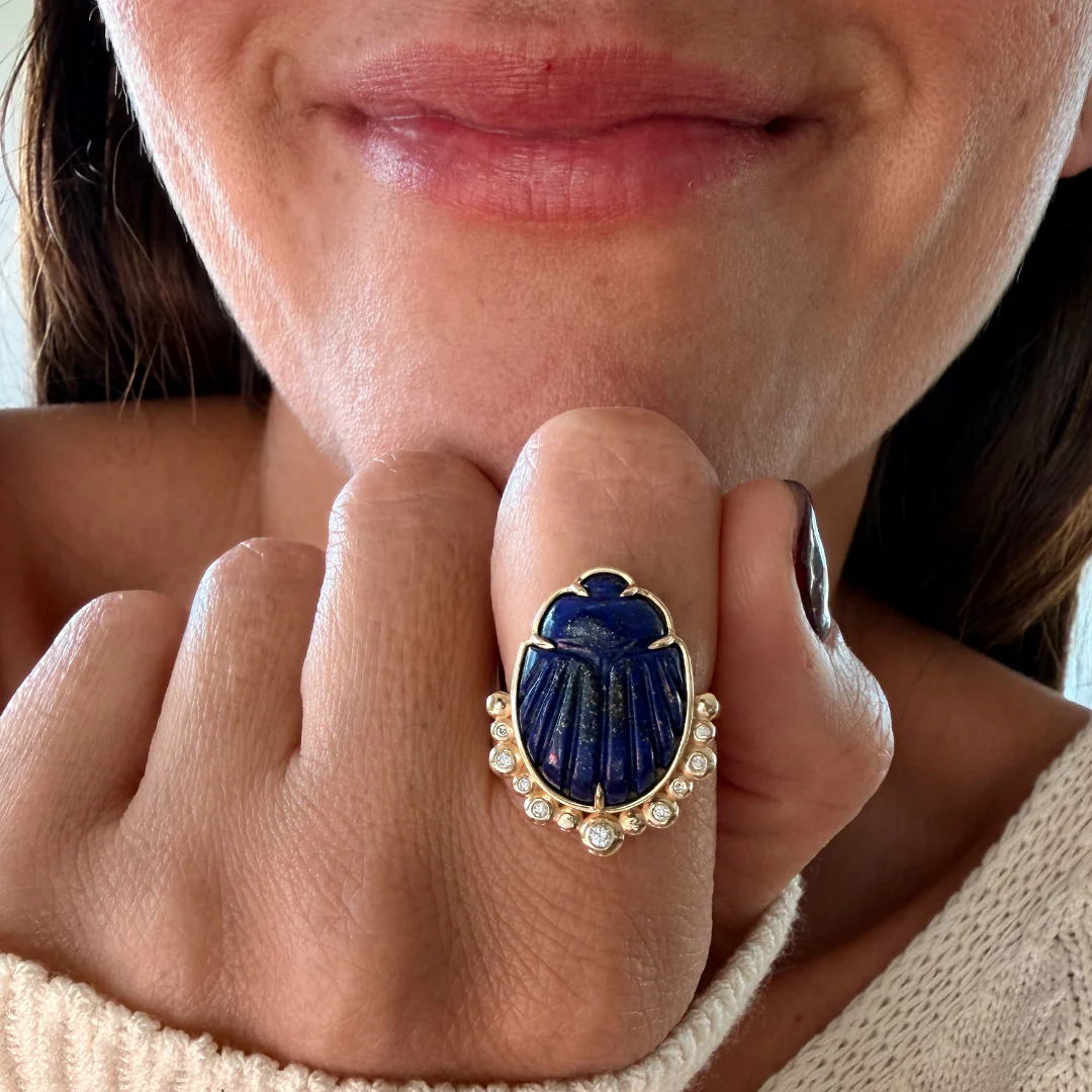 14K Gold Scarab Lapis Lazuli Ring with Diamonds - Image 4