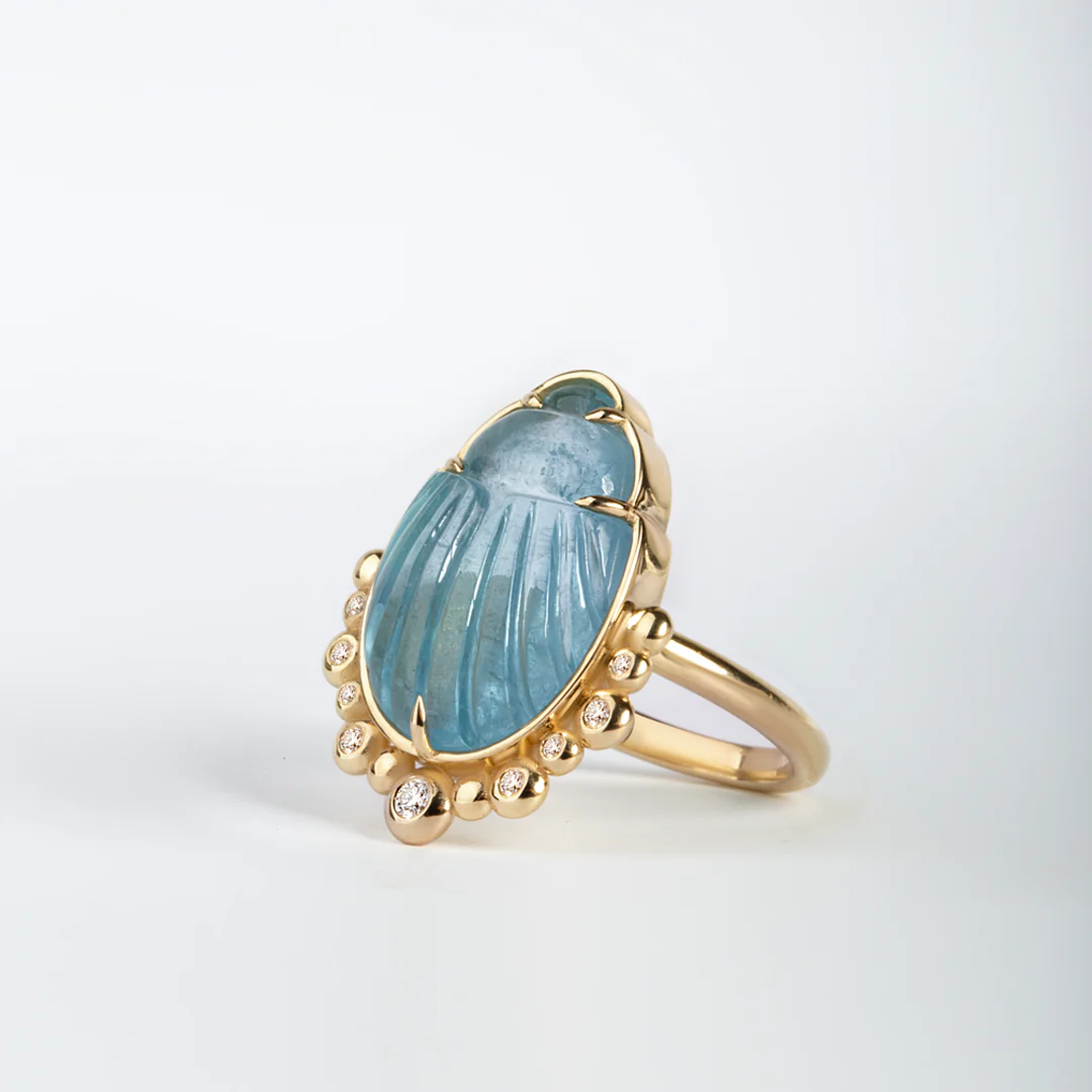 14K Gold Scarab Aquamarine Ring with Diamonds - Image 3