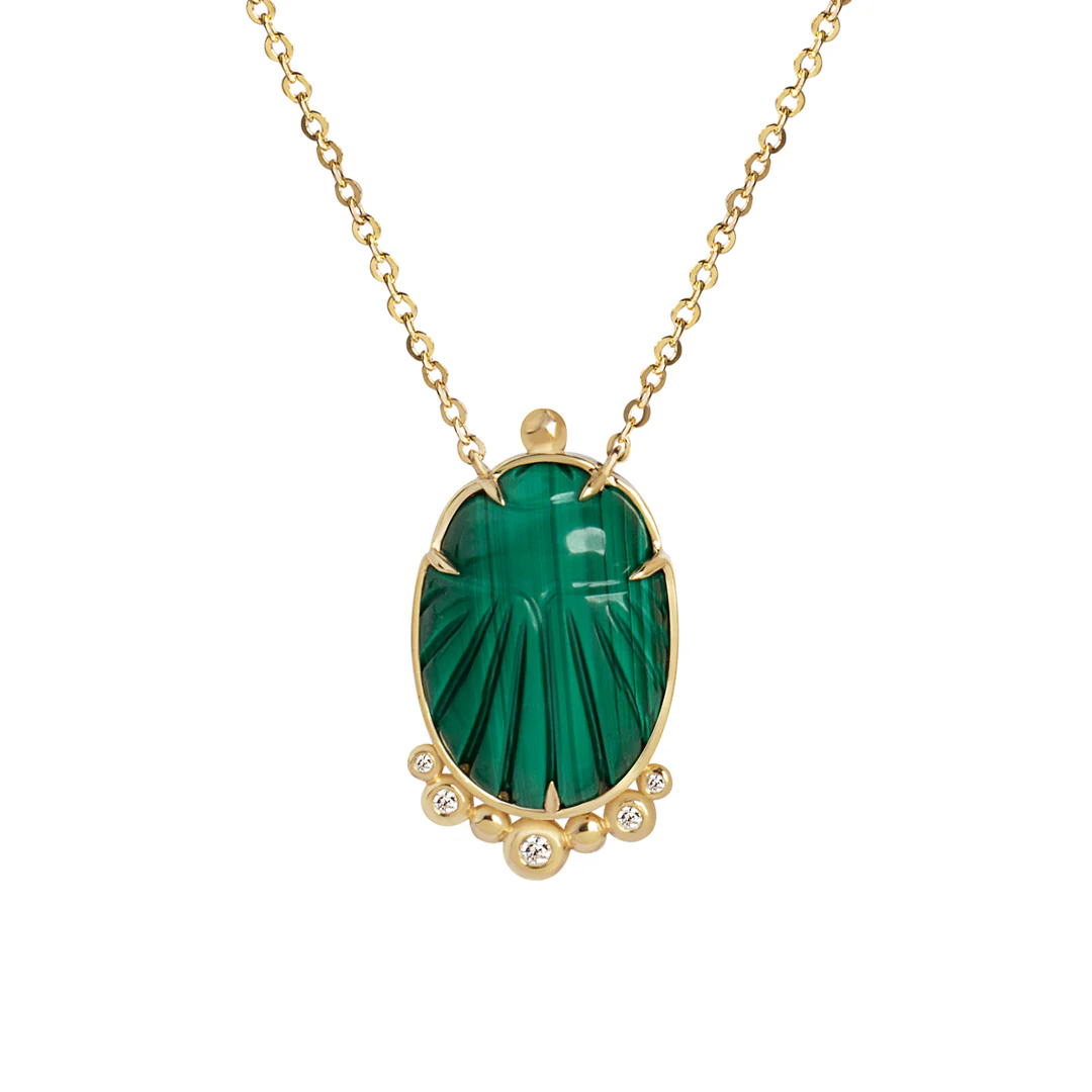 14K Gold Scarab Malachite Pendant Necklace with Diamonds