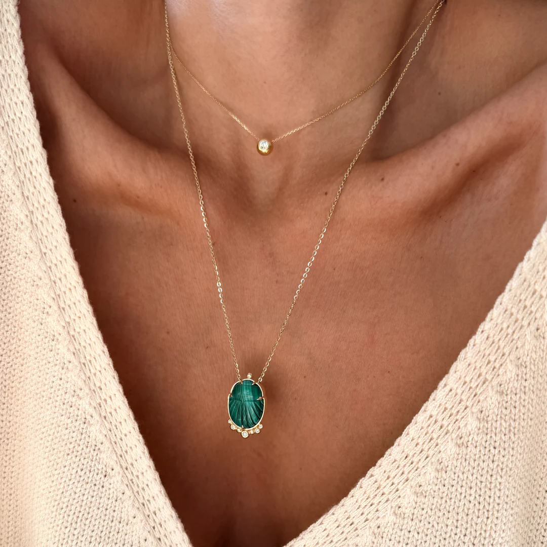 14K Gold Scarab Malachite Pendant Necklace with Diamonds - Image 4