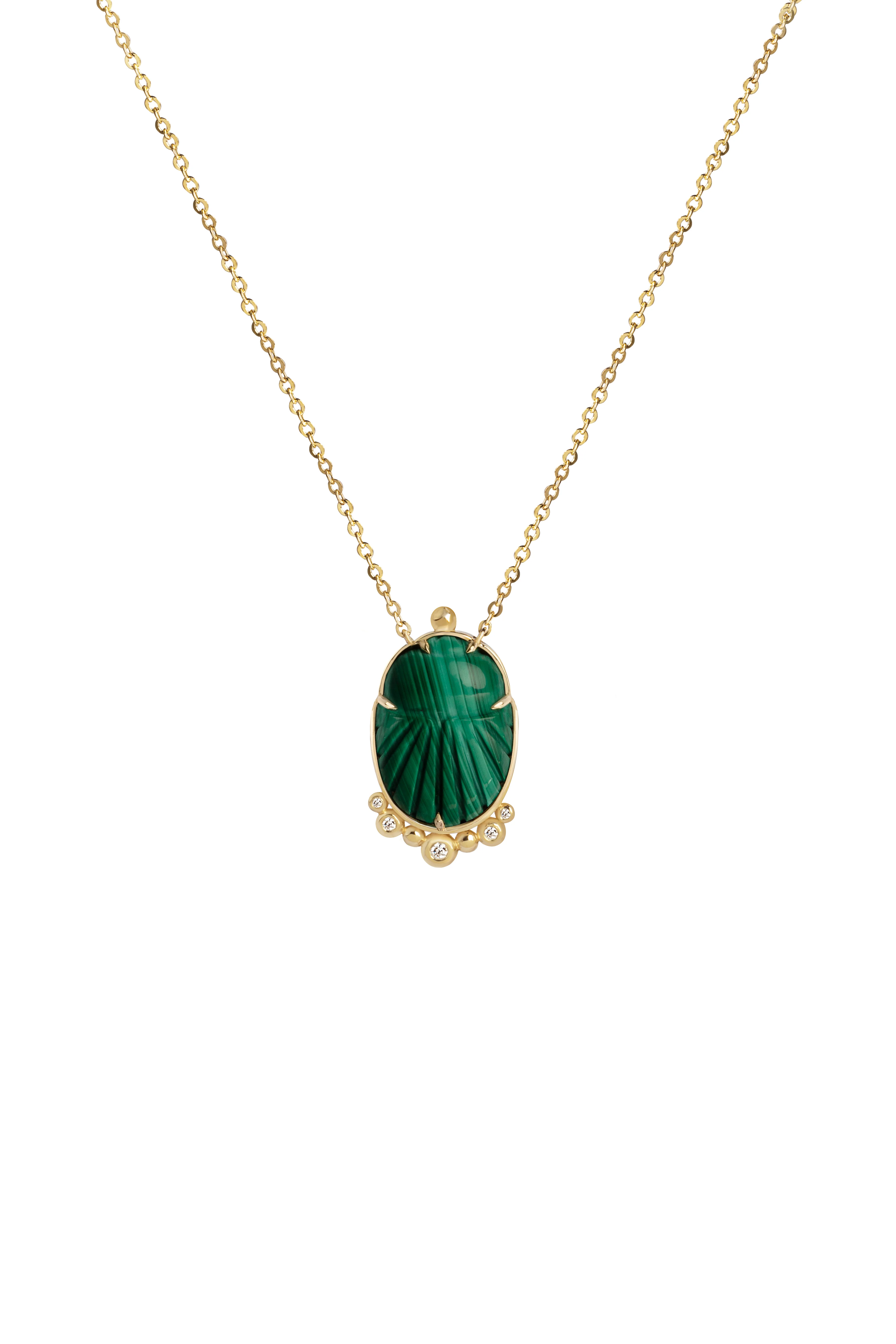 14K Gold Scarab Malachite Pendant Necklace with Diamonds - Image 5