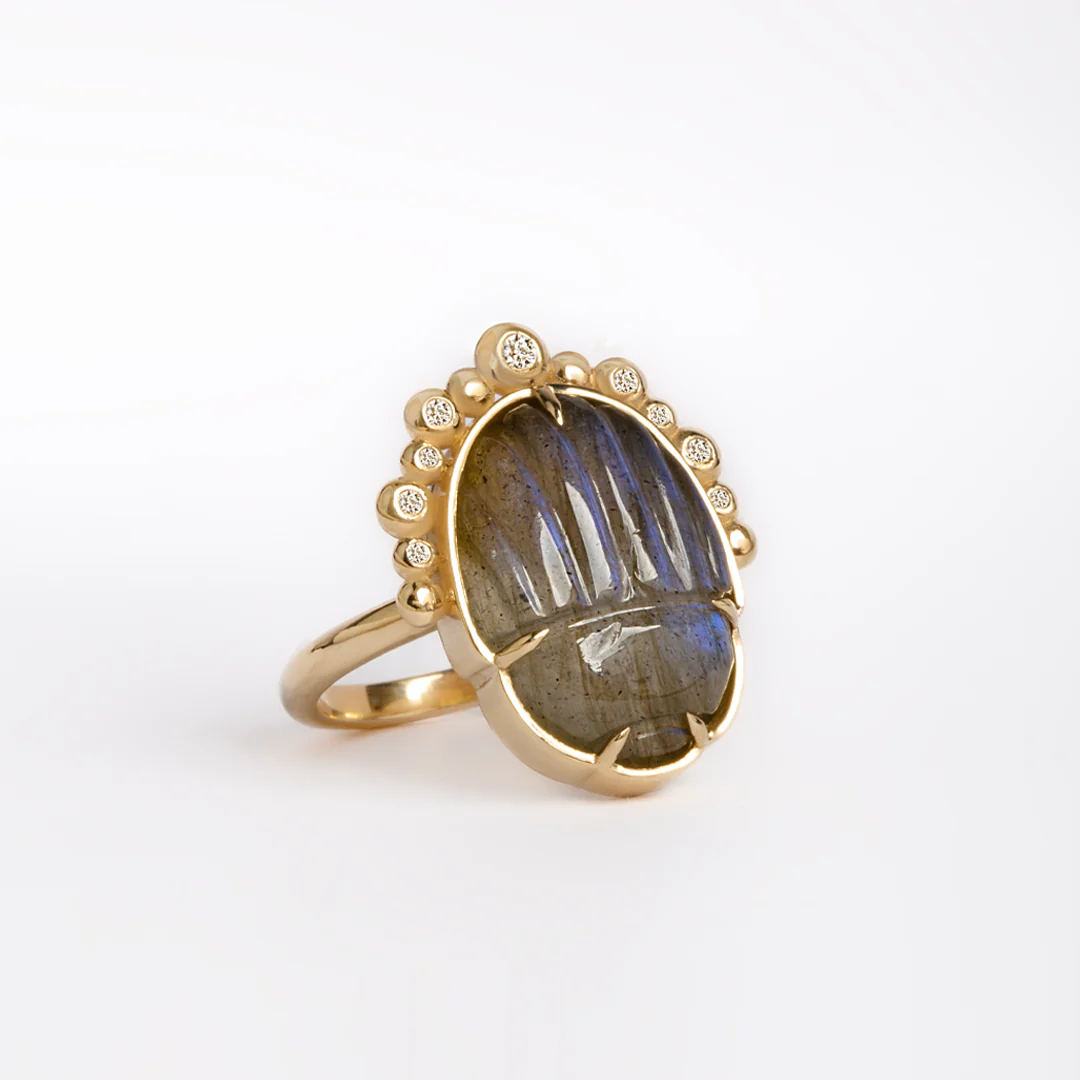 14K Gold Scarab Grey Moonstone Ring with Diamonds - Image 3