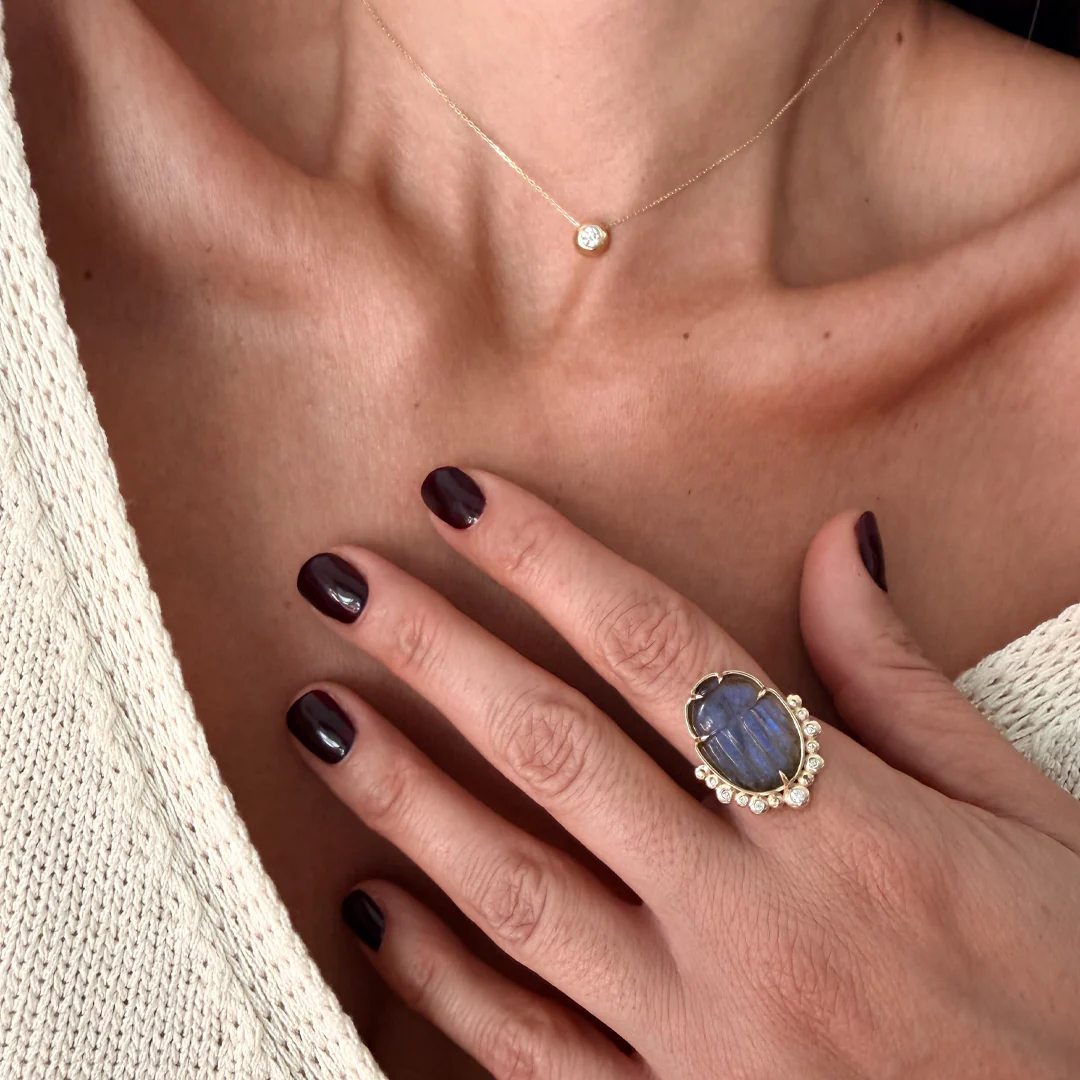 14K Gold Scarab Grey Moonstone Ring with Diamonds - Image 4