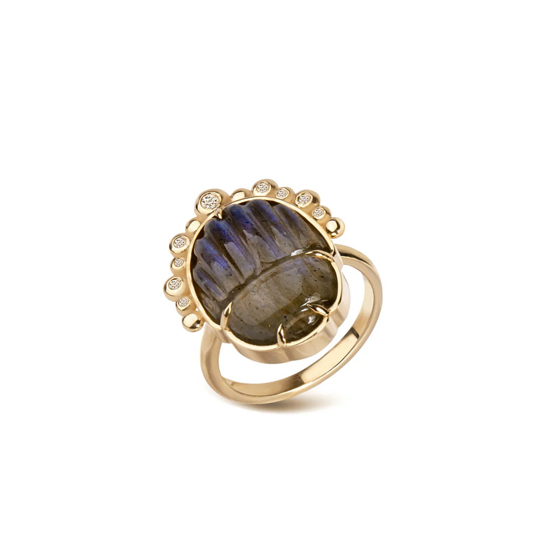 14K Gold Scarab Grey Moonstone Ring with Diamonds - Image 6
