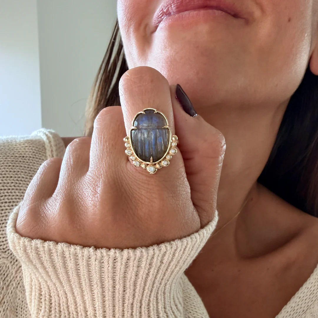 14K Gold Scarab Grey Moonstone Ring with Diamonds - Image 7