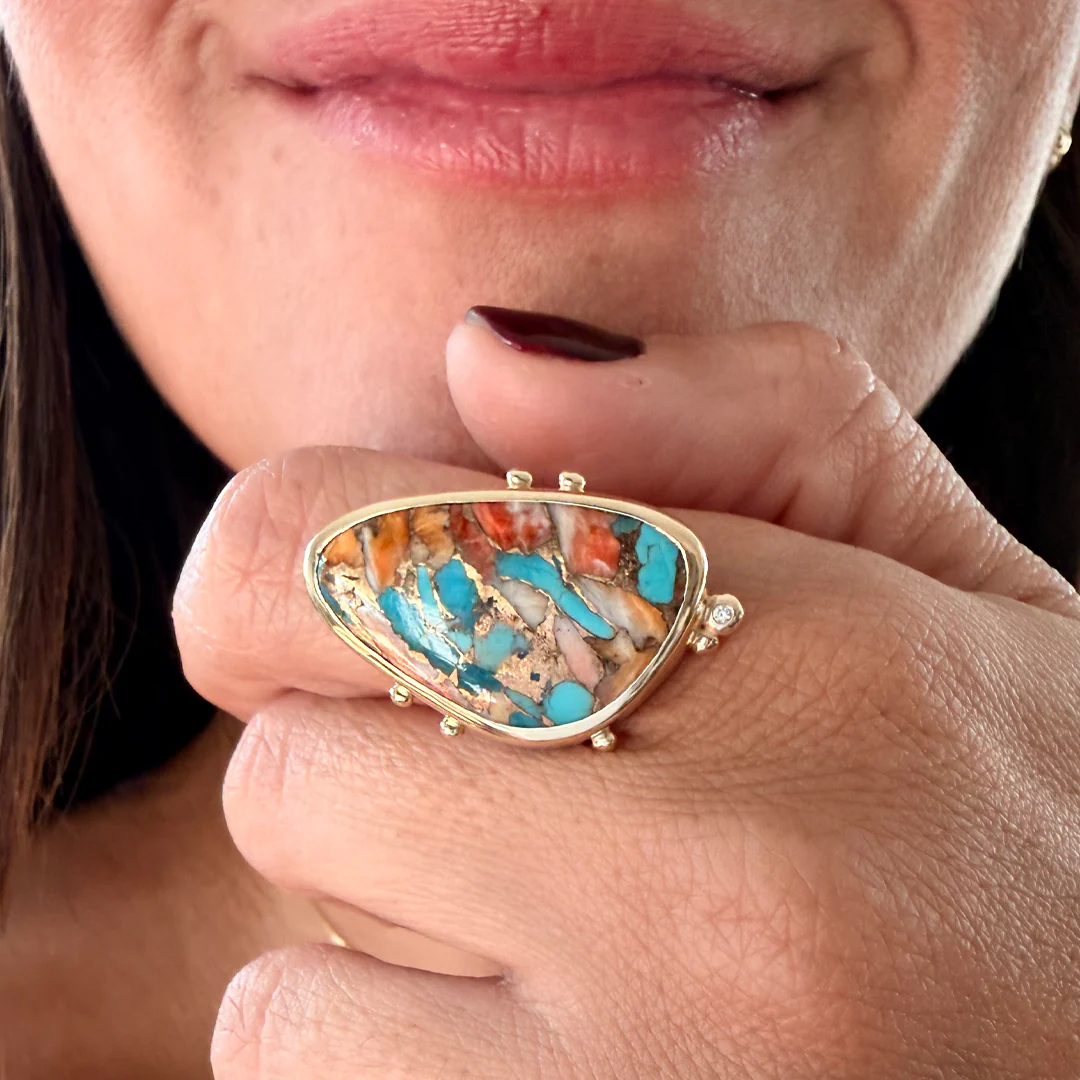 14K Gold Copper Mosaic Turquoise Ring with Diamond - Image 2