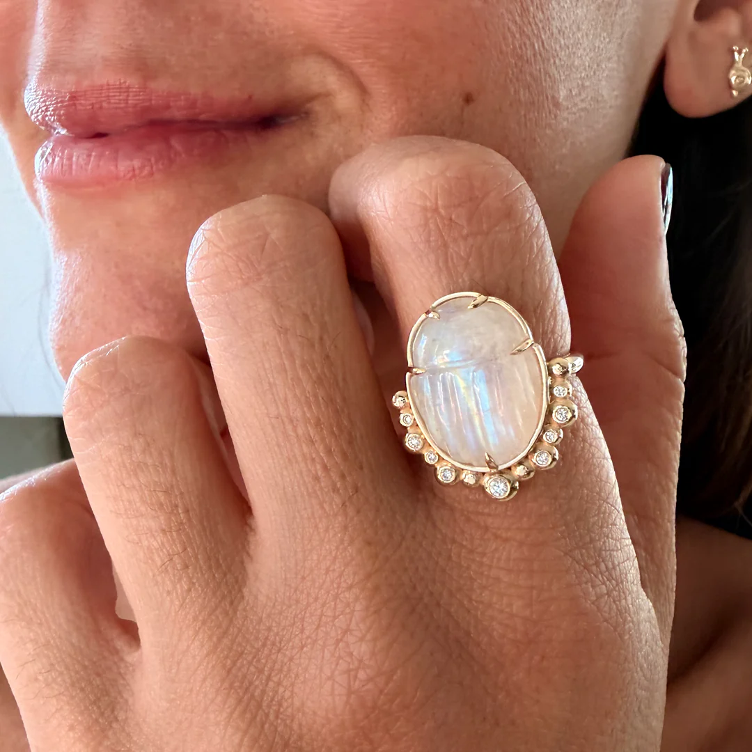 14K Gold Scarab White Moonstone Ring with Diamonds - Image 4