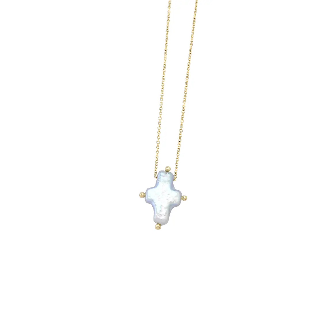 14K Gold, Small Pearl Cross Necklace - Image 2
