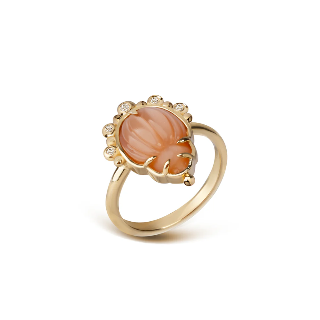 14K Gold Small Scarab Moonstone Ring with Diamonds