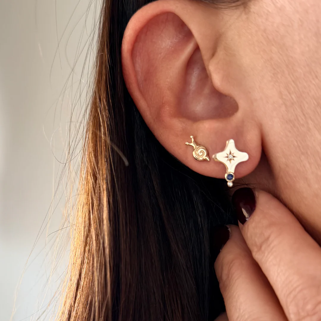 14K Gold Star Diamond Stud Earrings with Sapphire - Image 2