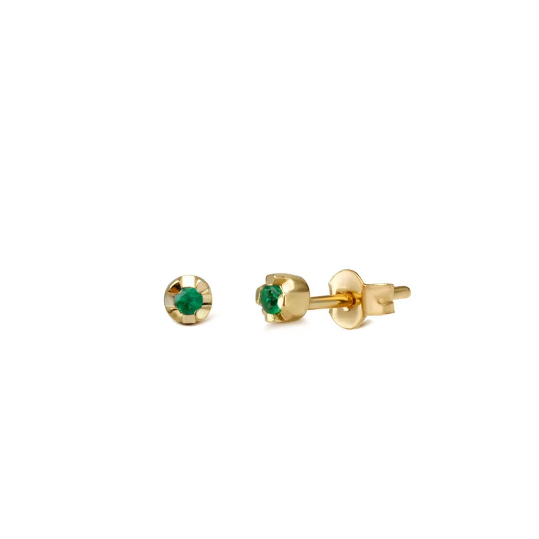 14K Gold Stud Earrings with a single tiny Emerald