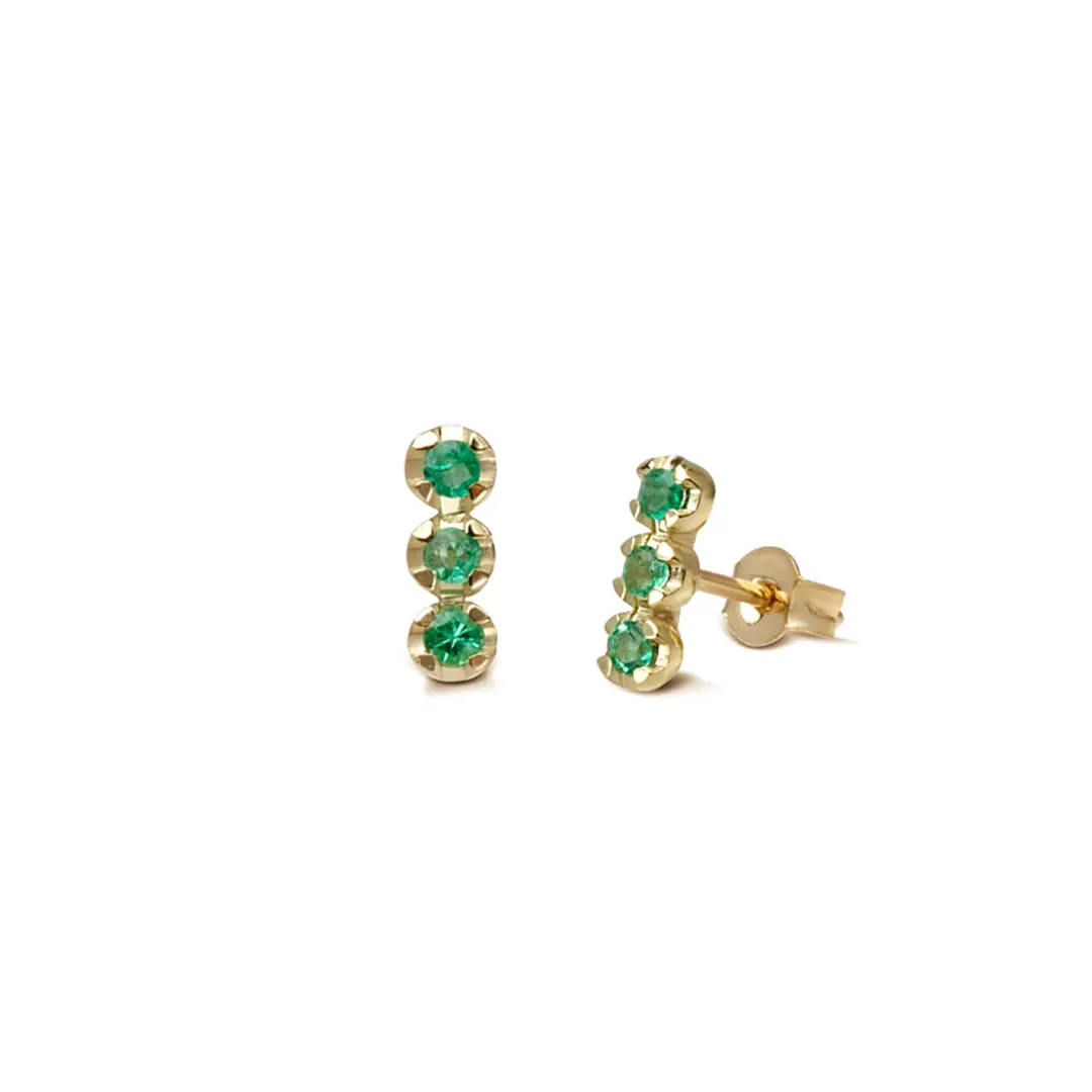 14K Gold Stud Earrings with 3 Emeralds in line