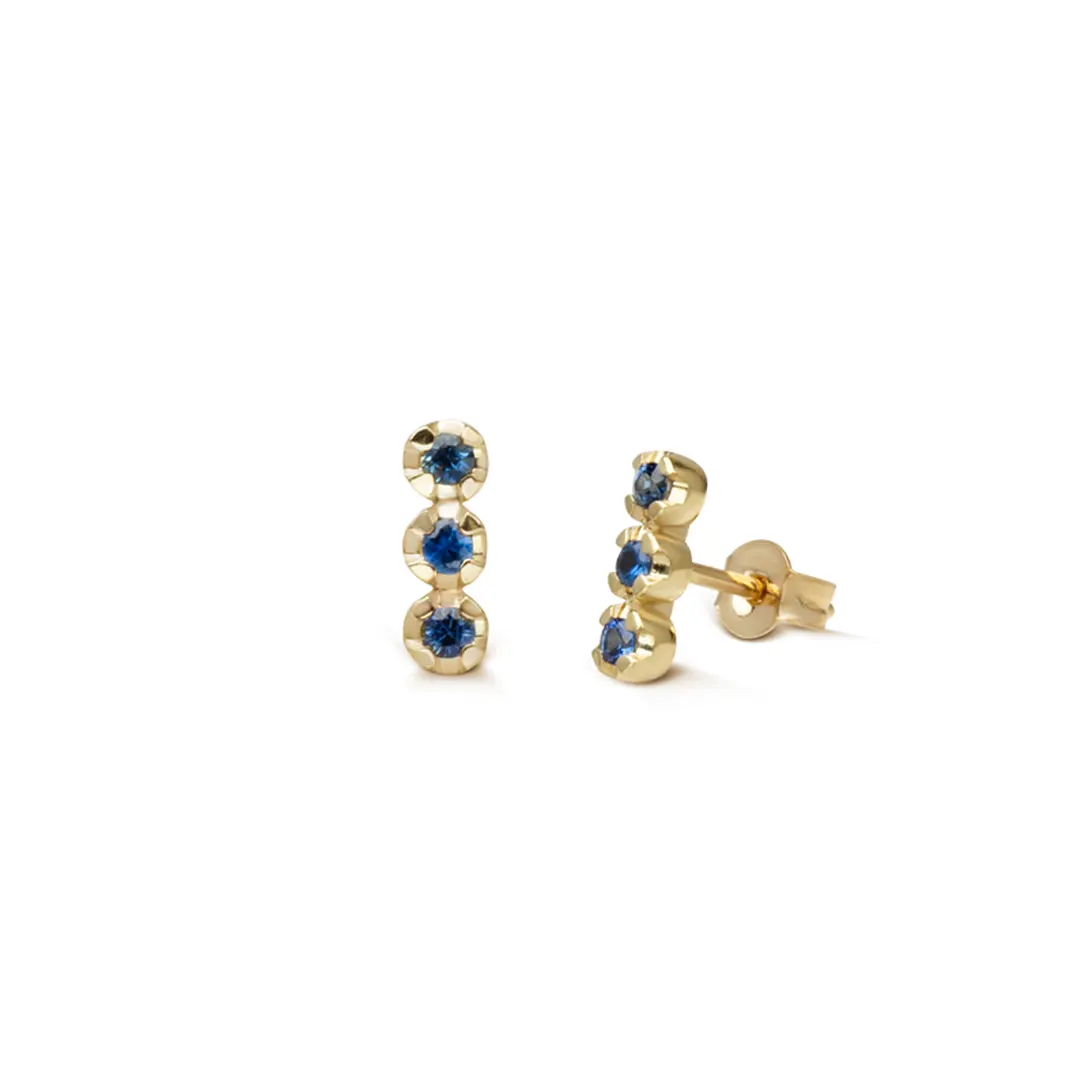 14K Gold Stud Earrings with 3 Sapphires in line