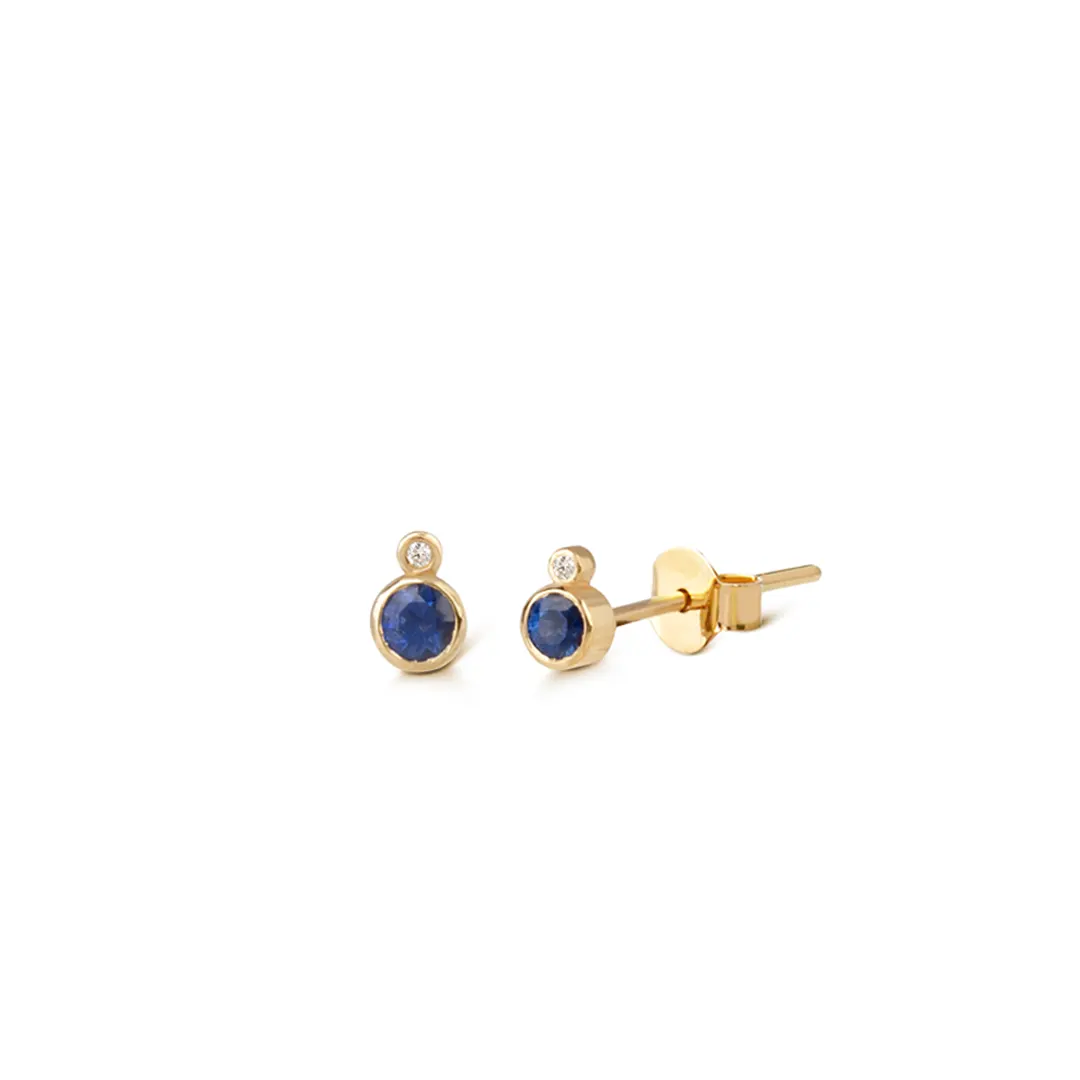 14K Gold Stud Solitair Sapphire Earrings with a Tiny Diamond below