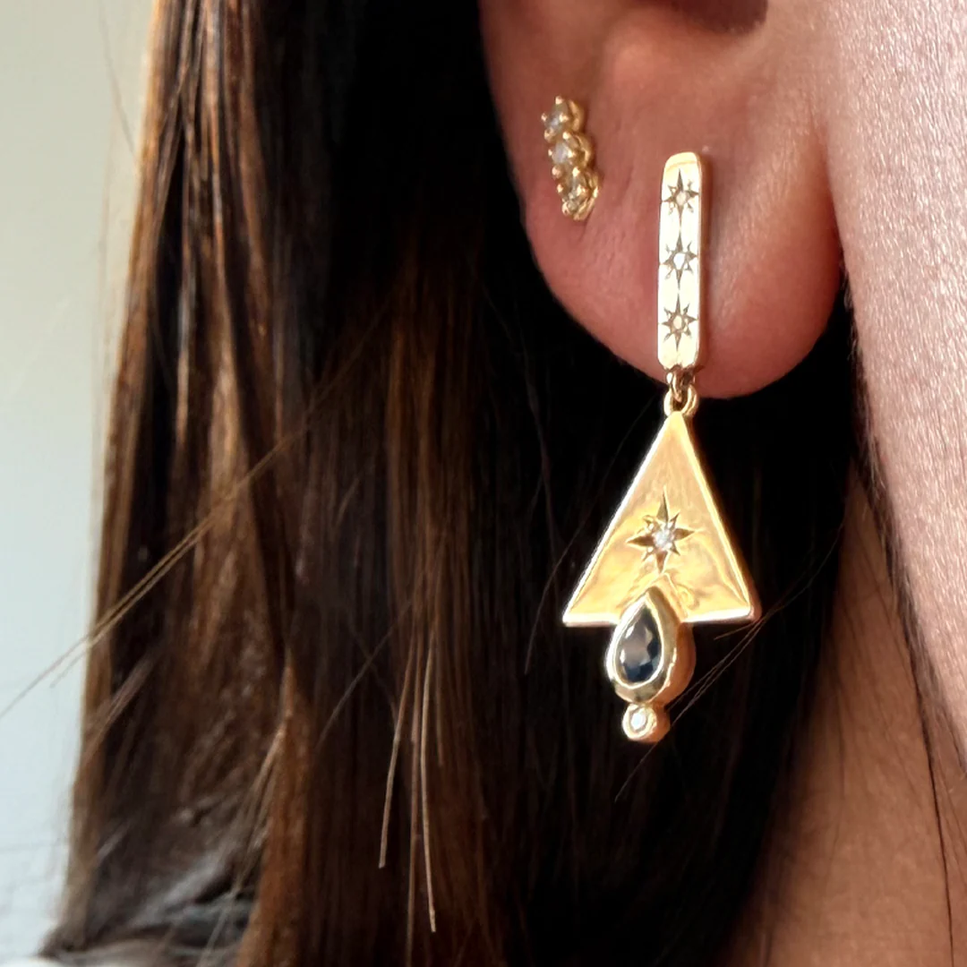 14K Gold Triangle Earrings with Diamond Star & Sapphire - Image 2