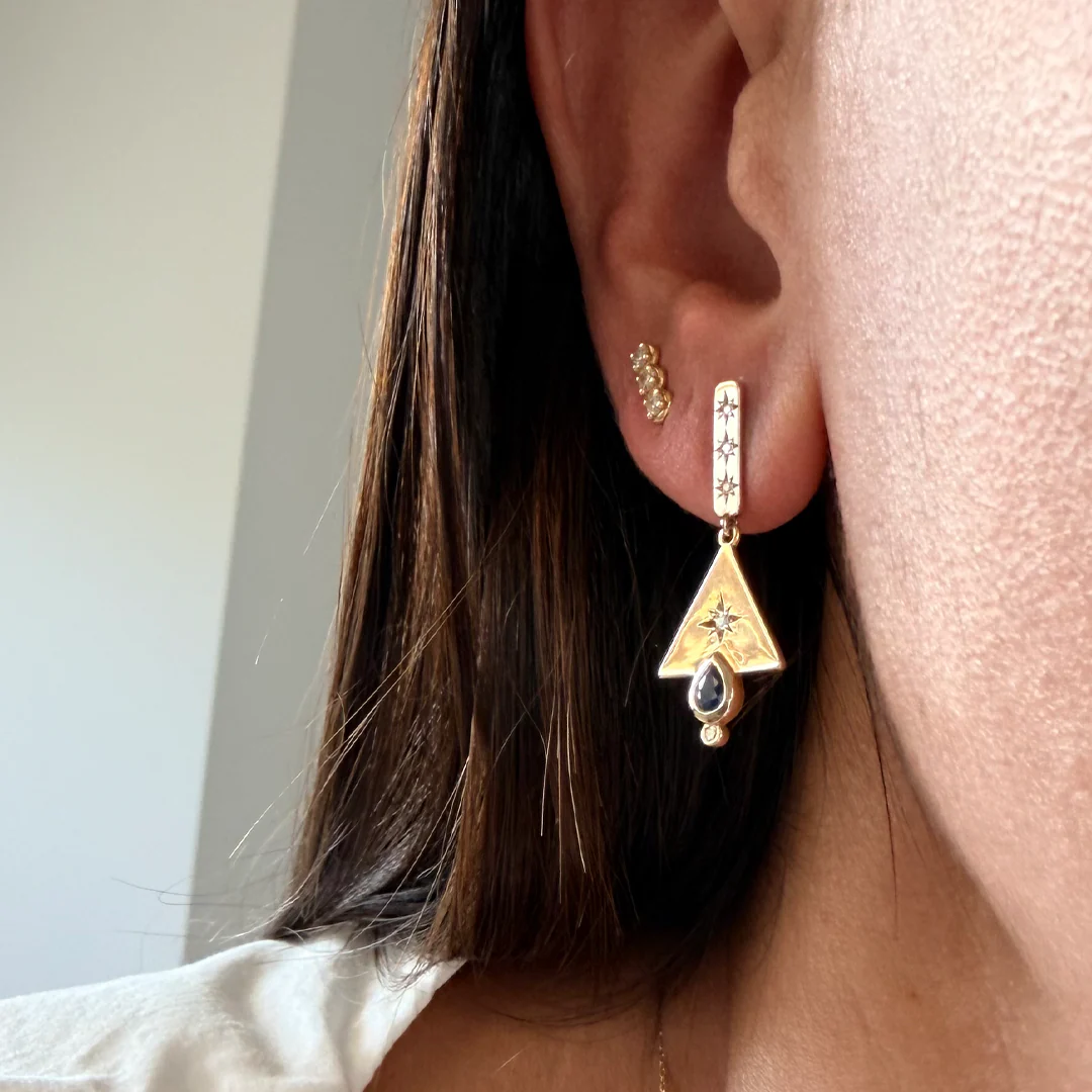 14K Gold Triangle Earrings with Diamond Star & Sapphire - Image 3